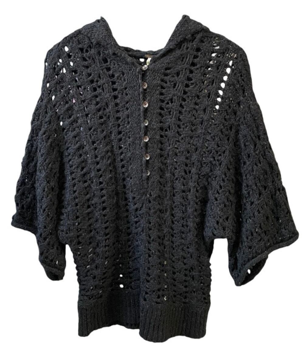 free people black chunky knit hooded sweater oversized boho
